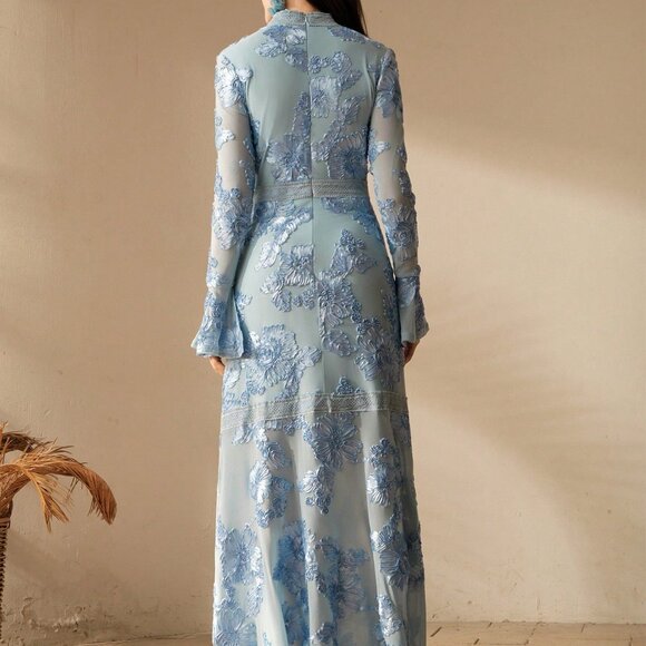 Blue Boho Women's Textured Floral Embroidered Party & Casual Long Sleeve Dress - Picture 2 of 7